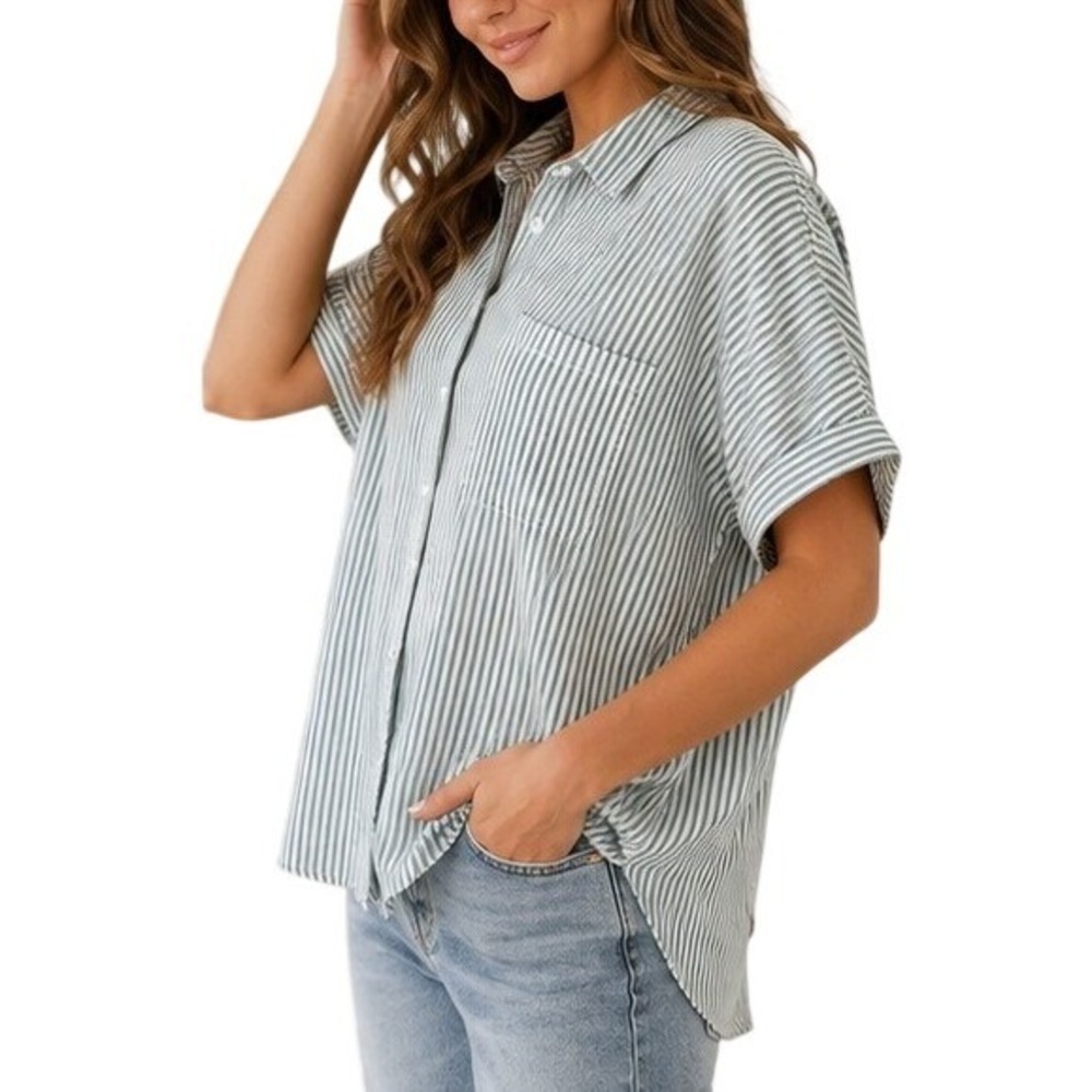 Velvet Heart Los Angeles Sage Green Striped Button Down Shirt Large - Picture 2 of 8